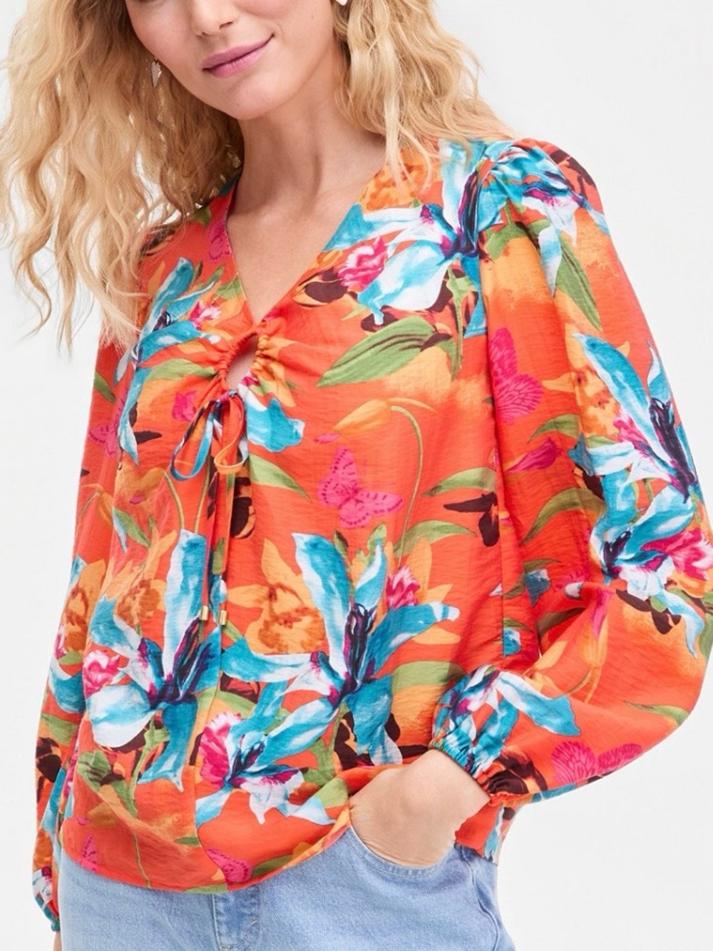 INC International Concepts Orange Floral Tie-Front Blouse NWT